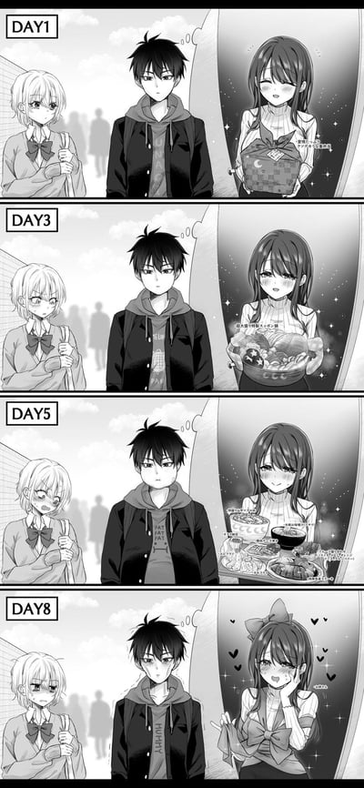 这是一组四格连环黑白动漫图，分别标注为DAY1、DAY3、DAY5、DAY8，展现了同一情境下角色的变化。每一格左侧均为金发女孩与黑发男主角并排站立的场景，背景有模糊的行人；右侧则是棕发女孩的特写。DAY1中棕发女孩手持礼物盒，面带羞涩；DAY3她捧着一碗食物；DAY5食物数量增加，变成多份餐点；DAY8棕发女孩戴着蝴蝶结，周围有心形图案，表情更加娇羞。整体呈现出棕发女孩给予的物品逐渐丰富的温馨日常感。