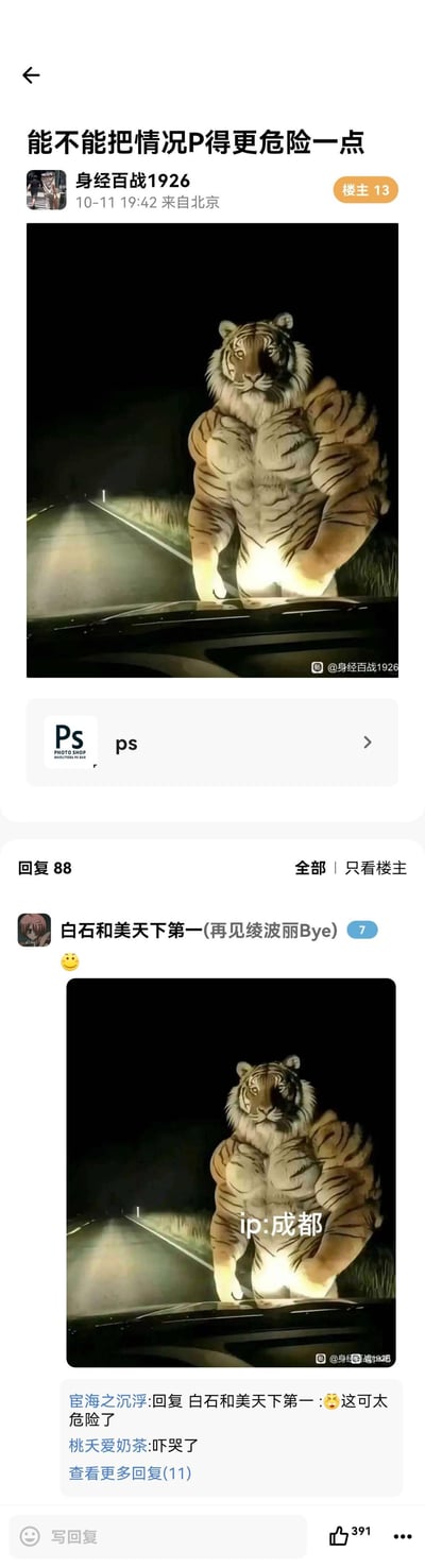 楼主在百度贴吧PS吧发帖，请求将图中夜晚公路车前的虎人形象P得更有危险感。回复的网友没有修改虎人本身，而是在图上添加了「IP:成都」的文字，玩起了当下流行的IP地址梗，用网络上关于成都IP的趣味梗来制造「危险」的笑点，评论区的网友也纷纷表示这确实「太危险了」，整个帖子充满搞笑的整活氛围。
梗说明：这里的「IP:成都」是网络玩梗，借用现实中的IP地址标签，结合网络上关于成都IP的趣味联想，将原本的视觉危险转化为玩梗的「危险」，属于趣味二次创作。