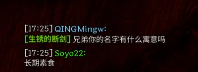 这是一张聊天记录截图，显示了用户QINGMingw与Soyo22的对话。QINGMingw在17:25发送消息询问对方用户名寓意：“[生锈的断剑] 兄弟你的名字有什么寓意吗”，Soyo22在同一时间回复“长期素食”。画面背景为深色，文字以不同颜色显示，呈现典型的即时通讯对话场景。