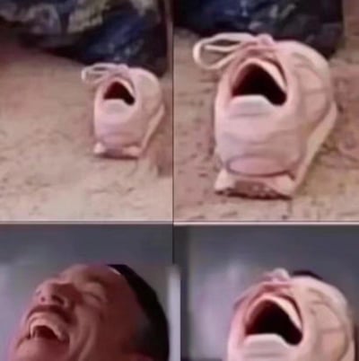这是一组四格拼接的搞笑合成梗图，左上与右上展示了一只粉色运动鞋，其张开的鞋口形态与人类大张的嘴巴高度相似；左下是一位仰头大张嘴巴、表情夸张痛苦的男性；右下则通过图像合成，将男性的脸部替换为这只运动鞋的鞋口，利用视觉形态的高度重合，制造出鞋子与男性表情完全一致的滑稽效果，毫无违和感，通过形态巧合来传递搞笑趣味。