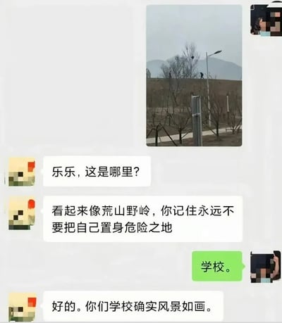 这是一张手机聊天记录截图，内容为亲子间的对话：上方首先是孩子发出的一张户外风景照片，画面中有土坡、尚未长出叶片的树木、路灯，远处可见朦胧的山峦，整体植被稀疏，看起来较为荒凉。之后家长询问孩子这是哪里，称看起来像荒山野岭，叮嘱孩子永远不要把自己置身危险之地，孩子回复说这是自己的学校，家长见状立刻改口，夸赞学校风景如画，前后态度的反差极具搞笑效果。