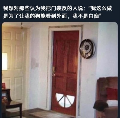 这是一张展示居家场景的静态照片，画面核心是一扇被反向安装的红棕色木门：原本应该在门体上方的半圆形玻璃被安装在了门的底部，而门锁则被留在了门的上方位置。图片上方配有门主人的文字回应，针对他人认为门装反的质疑，主人表示这么做是为了让家里的狗能通过底部的玻璃看到外面，并非失误。画面左侧可见另一扇浅色房门和摆放着物品的小边桌，右侧则有沙发，整体是普通的居家环境，反装的门和主人暖心又搞笑的解释形成反差，充满生活趣味。