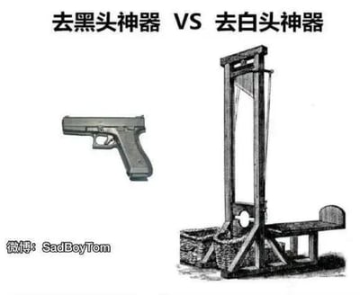这是一张采用左右对比形式的黑白静态梗图，顶部配有文字“去黑头神器 VS 去白头神器”，左侧展示了一把手枪，右侧展示了一台断头台。图中运用了谐音双关的创意：表面上“黑头”“白头”指的是皮肤上的黑头、白头粉刺，实际谐音“黑（色的）头（脑袋）”“白（色的）头（脑袋）”，用手枪射击头部、断头台砍头这种夸张的方式来对应“去黑头”“去白头”，通过荒诞的反差感制造出搞笑的效果。