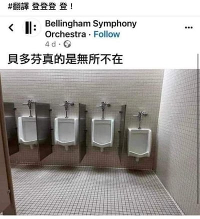 这是一张网络热门搞笑图，画面为男厕所一排小便池，每两个小便池之间都有厚重隔板，整个场景因为隔板的造型神似乐谱上的音符或者指挥谱表，配上评论“贝多芬真的是无所不在”，巧妙地用视觉错觉和音乐梗制造幽默感。表达了音乐元素和贝多芬的影响无处不在，利用了生活与艺术结合的反差趣味。属于典型的网络恶搞梗图。

双关暗示：用小便池的隔板和乐谱/音乐元素类比，强调贝多芬音乐的无处不在。