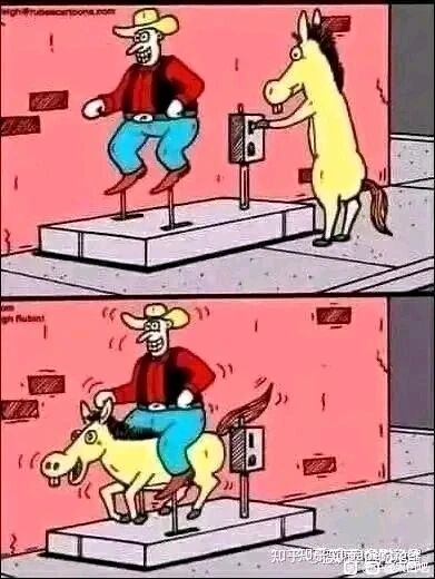 这是一幅美式卡通风格的连环漫画，分为上下两个画面，呈现出荒诞搞笑的场景。上半部分中，一位身着红色上衣、蓝色裤子，头戴牛仔帽的牛仔，站在一个类似骑马健身机的平台上，脚踩两根金属杆，做出模拟骑马的动作，脸上洋溢着兴奋的神情；旁边的黄色马匹则用前蹄按动机器侧面的启动按钮，嘴角上扬，看起来十分配合。下半部分的画面发生了错位式的转变，原本的金属杆消失不见，牛仔直接骑到了这匹黄色的马身上，而马匹则模仿起骑马机的运作方式，身体做出起伏的动作，嘴巴大张，看起来有些吃力，牛仔依旧保持着兴奋的状态，整个场景因角色对“骑马机”的误解而充满了幽默反差感。