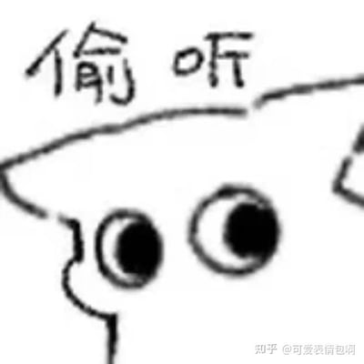 这是一张黑白手绘风格的表情包，画面上方有手写体中文文字“偷听”。主体是一个卡通化的面部特写，两只超大的圆形眼睛占据主要视觉空间，瞳孔朝右侧望去，眼神中透着好奇与专注，仿佛正在悄悄聆听旁边的动静。线条简单粗犷，风格天真可爱，整体构图突出了“偷听”时的机敏与好奇感。右下角有“知乎 @可爱表情包啊”的水印。