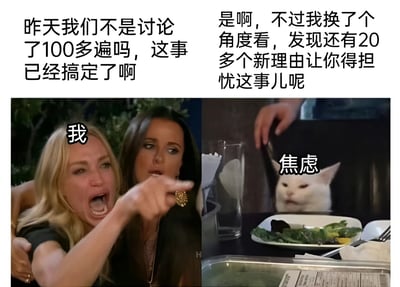 图片分为上下两部分，上方是对话文字，左侧写着“昨天我们不是讨论了100多遍吗，这事已经搞定了啊”，右侧写着“是啊，不过我换了个角度看，发现还有20多个新理由让你得担忧这事儿呢”。下方左侧是一位金发女性手指前方，表情激动，被标注“我”；右侧是一只白猫从椅子后探出头偷看餐桌，被标注“焦虑”。整体用对比场景幽默展现刚解决问题又被焦虑找到新担忧理由的无奈日常。