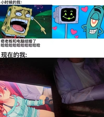 这是一张上下对比的图文混排梗图，上半部分标注‘小时候的我’，使用了美国经典动画《海绵宝宝》的截图：左侧是海绵宝宝大张嘴巴、眼睛瞪大，手指向右侧，表情震惊又滑稽；右侧是痞老板双手叉腰，一脸花痴地看着带有笑脸的电脑，周围飘着爱心，配文‘痞老板和电脑结婚了 哈哈哈哈哈哈哈哈哈’，表现出小时候看到这个动画情节时，只觉得有趣搞笑的心态。下半部分标注‘现在的我’，是一张现实拍摄的照片：一个人裹着外套，双臂交叉坐在屏幕前，屏幕上显示着二次元动漫人物，姿态显得十分宅，表现出现在自己长期与电脑（二次元内容）相伴的状态。整幅图通过小时候和现在的反差，调侃自己从单纯觉得动画情节搞笑，到如今成为依赖电脑、沉浸二次元的宅人，充满幽默的自嘲感。