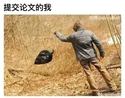 这是一张经典网络梗图，画面上方文字是“提交论文的我”，下方是一名男子在林中将垃圾袋扔向远方，配文用来形容写论文并不看重结果，提交时像丢垃圾一样，表达了很多学生面对学术压力、论文疲惫的自嘲和无奈。整体画面夸张幽默，极具共鸣。

双关说明：用丢垃圾比喻交论文，形象表现了对论文的“甩手”态度。
