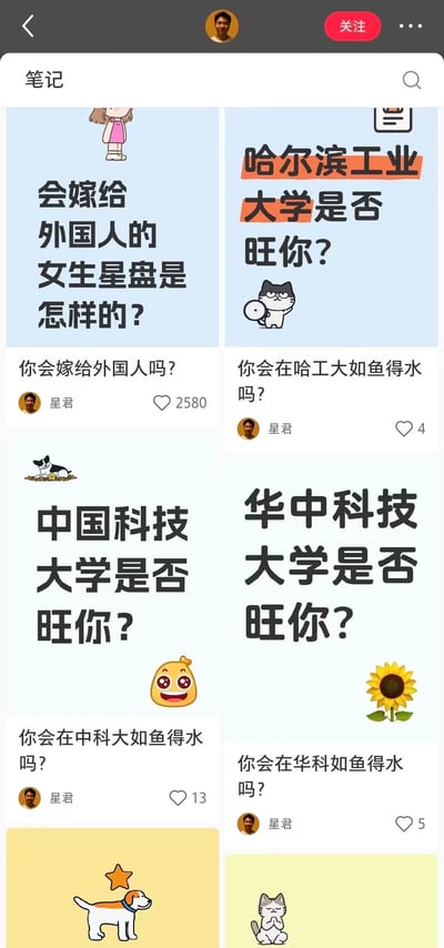 这是一篇社交媒体笔记平台的截图，博主「星君」发布了多篇图文笔记，包含两类内容：一类是星盘命理相关的「会嫁给外国人的女生星盘是怎样的？」，搭配卡通女生插画，下方引导问题为「你会嫁给外国人吗？」，该笔记获得2580个点赞；另一类是针对国内顶尖高校的运势测试，分别是哈尔滨工业大学、中国科学技术大学、华中科技大学的「是否旺你？」，每篇对应不同的卡通插画，下方引导问题为「你会在[高校简称]如鱼得水吗？」，这类笔记点赞量较低（4-13个）。整体风格轻松趣味，主打命理运势类内容。