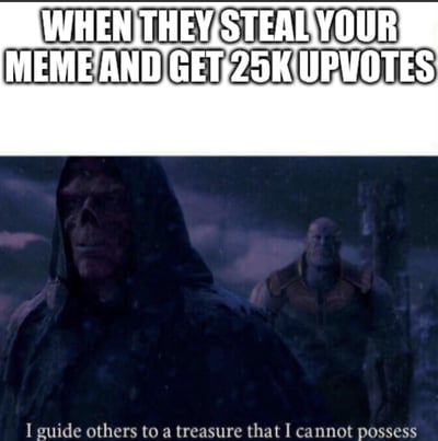 图片上半部分为白色背景的粗体英文标题：'WHEN THEY STEAL YOUR MEME AND GET 25K UPVOTES'（当别人偷了你的梗图还获得2.5万赞时）。下半部分是漫威电影《复仇者联盟》的经典场景截图，画面中红骷髅身披斗篷站在前景，背景是手持武器的灭霸，两人身处风雪弥漫的暗紫色天空下，底部配有英文台词：'I guide others to a treasure that I cannot possess'（我指引他人找到我无法拥有的宝藏）。

通过电影角色的严肃氛围与文字内容形成强烈反差，幽默地表达了原创者看到自己创作的梗图被他人盗用并获得高人气时的无奈与讽刺情绪。