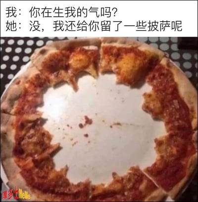 这张梗图的画面上方写着“我：你在生我的气吗？ 她：没，我还给你留了一些披萨呢”，下方是一张几乎只剩披萨边的披萨，中心的部分明显被吃光，只剩下一圈无馅的边。暗示“留给你最没用的部分”，表达一种无奈、搞笑甚至小小的报复心理。

双关/暗示点：这里“留披萨边”有点像只留给对方最不重要、最不美味东西，内含“看似留东西，实则鸡肋”的反讽意味。