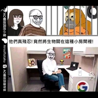 这是一张采用上下对比形式的讽刺梗图，上半部分为卡通场景：一名戴眼镜的卡通人面露愤怒，和旁边的棕发女性一同看着被关在铁笼里的猩猩，配文“他们真残忍！竟然将生物关在这种小房间裡！”，表现出对动物被囚禁的愤慨；下半部分为现实办公场景：该卡通人的脸被P在一名坐在狭小谷歌工位的真人身上，此时他表情愉悦，完全没有意识到自己正处于和猩猩类似的“狭小空间”中。整图通过这种双标反差，讽刺了职场打工人对自身被拘束在狭小办公环境中的不自知，用幽默的方式吐槽职场办公空间的压抑现状。