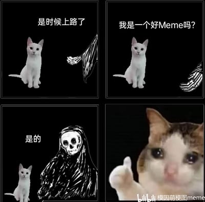 这是一张四格连环搞笑meme图，以经典的“死神收走猫咪”梗为基础展开剧情：第一格中黑色背景下，白猫旁出现死神的衣角，配文“是时候上路了”，铺垫出死神要带走白猫的叙事；第二格白猫向即将到来的死神发出灵魂拷问“我是一个好Meme吗？”；第三格死神现身白猫身边，给出肯定答复“是的”；第四格则切换为热门的“流泪猫猫头竖拇指”素材，用委屈又认真的竖拇指动作作为认可的收尾，将meme对自身“价值”的确认以幽默反差的方式呈现，既贴合Meme文化的自嘲与玩梗属性，又用可爱的猫咪形象增强了搞笑效果。