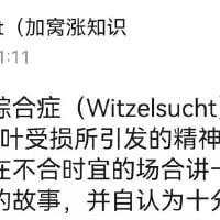 这是一张知识科普类的纯文字屏幕截图，属于“加窝涨知识”系列内容，截图展示了罕见精神病症Witzelsucht（诙谐综合征）的部分介绍：该病症由脑部叶受损引发，患者会在不合时宜的场合讲述故事，并自认为十分有趣，图片中的文字存在部分截断，未能完整展示全部内容。