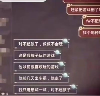 这是一张游戏聊天界面的截图，显示了一段令人心碎的对话。画面中有多个对话气泡，上方是较为攻击性的言论，如“赶紧把游戏删了”、“fw不配”等。下方则是一位父亲的回应，他解释道自己不擅长玩这个游戏，这是他孩子生前喜欢玩的游戏，而孩子几天前因车祸去世，他只是想尝试一下孩子喜欢的游戏。整个对话展现了悲伤、无奈与网络暴力并存的复杂情感场景。