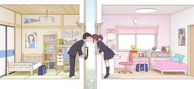 这是一幅充满青春氛围感的日式卡通插画，采用左右对比的剧场式构图呈现两个相邻的房间：左侧是男生的房间，整体风格简约实用，摆放着单人床、装满书籍的书架与书桌，墙面贴着动漫风格的海报，地面还放着一个深蓝色的书包；右侧是女生的房间，以粉嫩的色调为主，布置得温馨可爱，粉色床品的单人床、小熊维尼玩偶、摆放着小物件的置物架，墙面挂着时钟与明星海报，同样有一个深蓝色书包。穿着日式校服的男生与女生，各自从房间的墙体缺口探出身，正在亲密地亲吻，画面传递出校园情侣之间青涩又甜蜜的恋爱氛围，图中没有双关、谐音梗或暗示类内容。