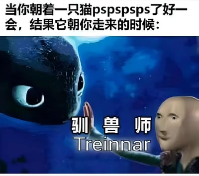 这张梗图上方配有文字“当你朝着一只猫pspspspsps了好一会，结果它朝你走来的时候：”，下方是电影《驯龙高手》中的无牙（黑色夜煞龙）与一个表情包人物互动的场景，中间叠加了“驯兽师 Treininnar”的文字。图片通过将召唤猫咪的日常场景与电影中驯龙师的经典互动画面相结合，幽默地表现了当成功召唤到猫咪时的成就感，仿佛自己成为了专业的驯兽师。