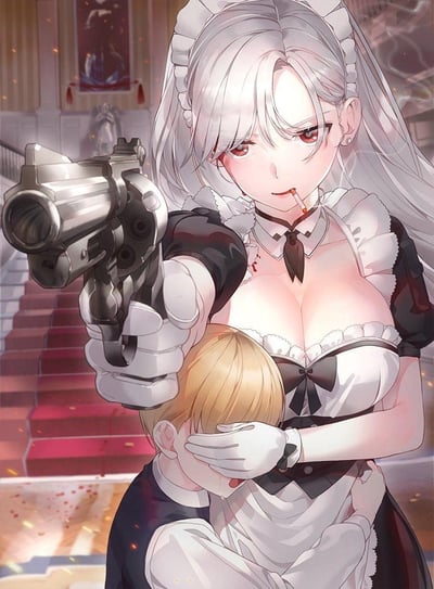 画面呈现了一个充满反差感的场景：一位身着女仆装的银发女性，脖颈带着血迹、嘴里叼着烟，手持左轮手枪直指前方，姿态充满攻击性；但她同时用戴白手套的手紧紧捂住身前金发孩童的眼睛，将孩子护在怀中，动作又带着温柔的守护感。背景是铺着红毯的室内楼梯间，整体氛围紧张，塑造出一个能战斗又可靠的硬核女仆形象，温柔守护与硬核战斗的反差是画面的核心亮点。