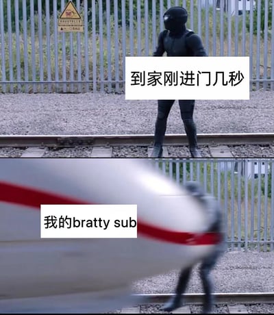 这是一张上下对比的搞笑梗图，上方画面中一名黑衣人站在铁轨上，配文“到家刚进门几秒”；下方画面显示同一人被高速行驶的火车撞击，配文“我的bratty sub”。图片通过夸张的视觉效果，幽默地表现了拥有一个调皮不听话的submissive（BDSM术语，指服从者）可能带来的“冲击性”后果。