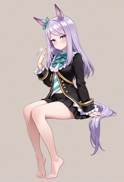 插画中是一位有着紫色长发的马耳少女，她的头发上戴着一个绿色的蝴蝶结。少女穿着黑色的校园制服，制服上有金色的纽扣和装饰，内搭白色衬衫和蓝白条纹的领带，领带上系着一个大蝴蝶结。她正以坐姿呈现，双腿并拢，一只手轻轻举到脸旁，脸上带着害羞的红晕，眼神温柔地看向一侧。她的身后还露出一条紫色的马尾。整体画面采用了简洁的浅色背景，突出了角色的形象。
