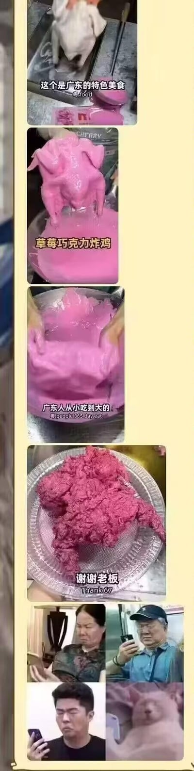 这是一组多图拼接的恶搞梗图，前四格虚构了一款名为“草莓巧克力炸鸡”的“广东特色美食”制作流程：从生鸡开始，裹上粉色液体后变成炸好的粉色炸鸡，配文玩梗称这是“广东人从小吃到大的”；最后几格搭配了经典的“地铁老爷爷看手机”、皱眉看手机的人物表情包，以及一脸无奈的狗狗表情，用来表达看到这种离谱黑暗料理时的无语、嫌弃情绪，整体风格搞笑荒诞，无特殊双关或谐音梗。