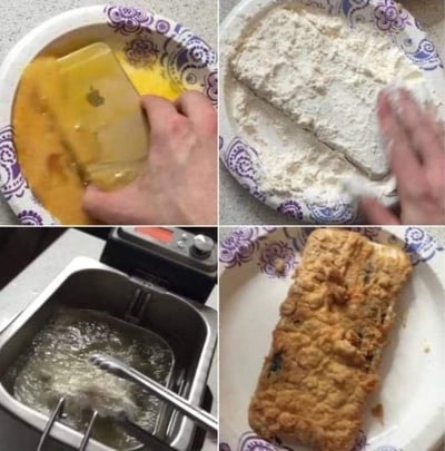 这是一组由四张图片组成的连环图，完整还原了油炸食物的流程来“处理”一部苹果iPhone手机：第一张图展示一只手将苹果手机浸入盛有蛋液的盘子中；第二张图是给裹好蛋液的手机均匀地撒上面粉；第三张图呈现把处理好的手机放进正在加热的电炸锅中进行油炸；第四张图则是最终成品——一部被炸至外皮金黄酥脆、看起来如同炸肉排的“炸手机”。这组图用夸张荒诞的无厘头方式制造笑点，将日常电子产品当作烹饪食材来操作，通过强烈的行为反差感来博人一笑，也可被用作吐槽手机故障、卡顿等情况的趣味表达。