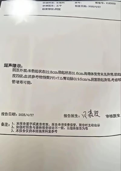 一张伪造的阴茎超声检查报告图片，显示了不切实际的夸张尺寸（未勃起22.8cm，勃起31.6cm），医生签名为"贝壳强"（谐音"非常强"），明显是为了搞笑效果制作的 meme 图片。