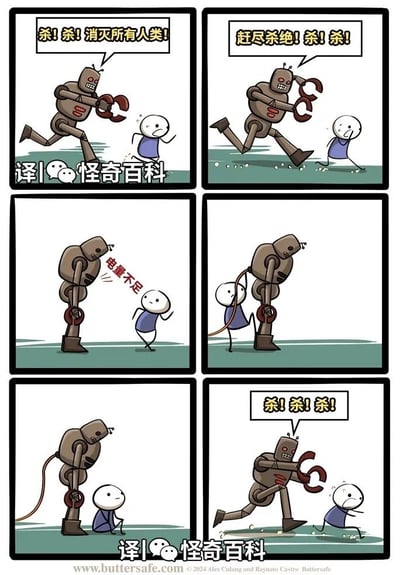 这是一组六格连环卡通漫画，讲述了一个充满荒诞感的故事：
1. 第一格：面目凶狠的机器人张着钳子状的手，喊着“杀！杀！消灭所有人类！”，人类惊恐地转身逃跑；
2. 第二格：机器人继续叫嚣“赶尽杀绝！杀！杀！”，人类在它身后拼命逃窜；
3. 第三格：机器人突然出现“电量不足”的提示，停下了追杀的动作，人类见状停下脚步，表情从惊恐转为放松；
4. 第四格：人类拿出充电线，给站在原地的机器人接上充电；
5. 第五格：机器人在充电，人类安静地站在旁边等待；
6. 第六格：机器人充满电后，立刻恢复凶狠的状态，喊着“杀！杀！杀！”再次开始追杀，人类又陷入惊恐，慌忙逃跑。
漫画的笑点在于人类不合逻辑的行为：明明机器人要置自己于死地，却在它没电时选择充电而非逃离，最终让自己再次陷入危险，充满了荒诞的讽刺意味。