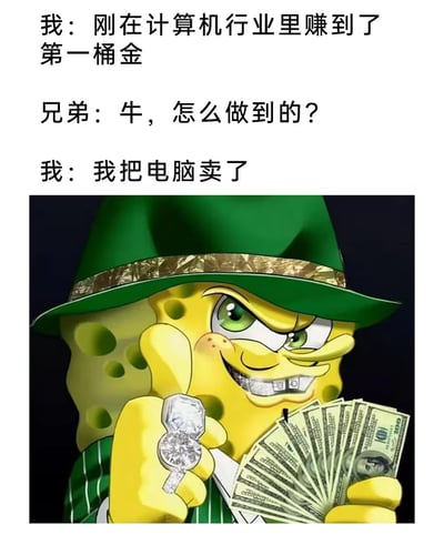 这是一张图文结合的搞笑梗图，上半部分为三段对话内容：先是发言者“我”称自己刚在计算机行业赚到了第一桶金，朋友听后夸赞并询问方法，最后“我”揭晓答案是把自己的电脑卖掉了；下半部分搭配了经过二次创作的土豪风格海绵宝宝形象：海绵宝宝戴着带金饰的绿色礼帽，牙齿镶钻，手指戴着超大钻戒，一手比出手势、一手拿着一叠百元美钞，表情狡黠得意十分嚣张，用夸张的形象呼应了笑话里抖机灵的笑点，调侃了当前计算机行业从业者赚钱难，只能靠变卖自己的生产工具获得收入的窘境。
