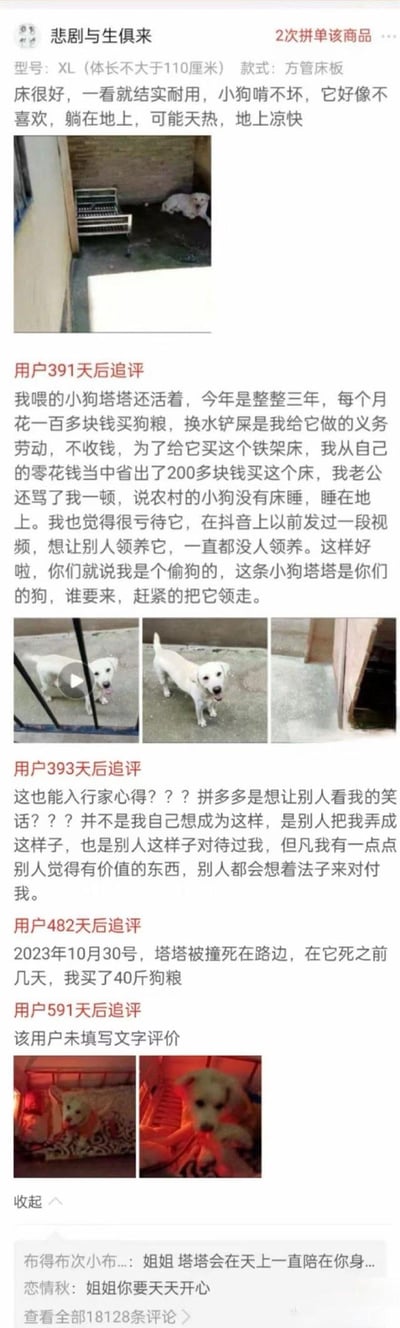 图片展示了一位用户在电商平台上对狗床商品的一系列追评记录，时间跨度长达三年多，完整呈现了与流浪狗“塔塔”的相遇、相伴到最终离世的感人故事。初始评价提到小狗不爱睡床可能因天热，后续追评详细记录了每月花费百元买狗粮、自制狗床、尝试在抖音为塔塔找领养未成功，以及面对他人误解时的无奈。最终追评透露塔塔于2023年10月30日被撞死路边，此前刚买40斤狗粮，字里行间充满对塔塔的深厚感情与不舍，搭配多张塔塔在不同场景的照片（站立、行走、被抱等），形成一段催人泪下的真实叙事。