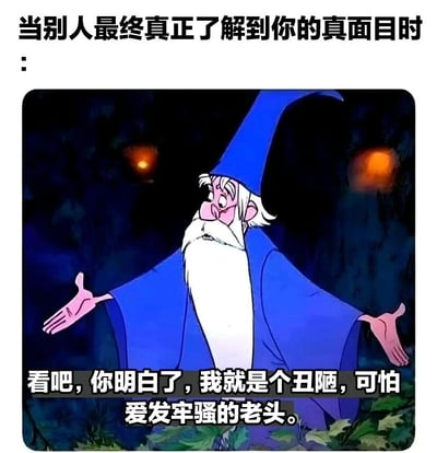 图片上方配有文字“当别人最终真正了解到你的真面目时”，中间是迪士尼动画《石中剑》中的巫师梅林形象，他戴着蓝色尖顶帽，身穿蓝色长袍，留着白色长胡须，双臂张开，背景为深色洞穴场景并有点燃的火把。下方文字为角色对白“看吧，你明白了，我就是个丑陋，可怕爱发牢骚的老头。”整体通过经典动画角色的自嘲形象，表达一种自我调侃的幽默效果。