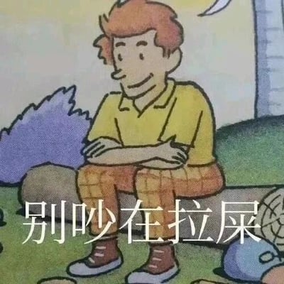 这是一张经过旧图再创作的趣味表情包，主体是《新概念英语》教材插画里的红头发卡通男性，他穿着黄色上衣和格子长裤，双臂交叉抱在胸前，面带微笑地坐在一根木头上，神态放松。图的下方添加了白色文字“别吵在拉屎”，利用人物原本平和的坐姿与直白搞笑的文字形成反差，用来表达希望独处、不想被他人打扰的情绪，风格诙谐幽默，适合在社交场景中用来回应他人的打扰。