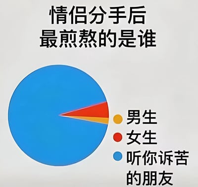 这是一张以情侣分手为主题的幽默梗图，上方配有标题“情侣分手后最煎熬的是谁”。图中用一个夸张的饼图进行视觉呈现：蓝色区域占比最大，标注为“听你诉苦的朋友”；红色和黄色区域极小，分别代表“女生”和“男生”。通过这种比例悬殊的图表设计，幽默地调侃了情侣分手后，双方的朋友往往要承受大量倾诉而成为最“煎熬”的角色，整体风格轻松搞笑，充满生活调侃意味。