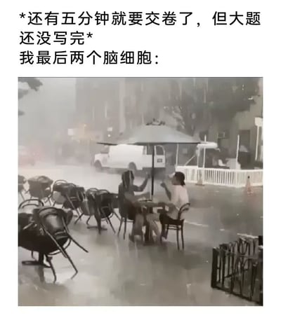 这是一张调侃学生考试场景的搞笑梗图，采用上文下图的排版，上方配文描述了“还有五分钟就要交卷，但大题还没写完”的紧急考试场景，引出将此时考生仅剩的两个脑细胞比作配图中两人的比喻；配图为实拍画面，展示了突降暴雨的户外街道，周围的桌椅已经被吹倒，整条街道被暴雨笼罩，唯独两个坐在遮阳伞下的人毫不受恶劣天气影响，淡定地举着杯子碰杯，用这种极端反差的画面，幽默地表现出考生在考试临近结束还没答完题时，大脑已经停止运转、仅剩的思绪完全摆烂放弃挣扎的状态，笑点十足。