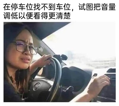 这是一张实拍的车内场景图，图中一位戴眼镜的女性坐在汽车驾驶座上，眉头紧皱，神情苦恼又专注，一只手握着方向盘，另一只手正在调节车载音响的音量。图片上方配有文字“在停车位找不到车位，试图把音量调低以便看得更清楚”，描绘了一个生活中常见的搞笑小细节：人们在高度专注视觉任务时，会下意识做出和视觉无关的调整，误以为调低声音能让自己看得更清楚，充满了生活化的趣味。
