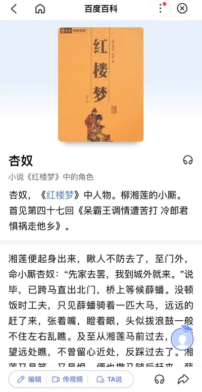 图片为百度百科关于《红楼梦》角色“杏奴”的页面截图。页面顶部显示《红楼梦》书籍封面（橙黄色封面，上书“红楼梦”三字及古典人物插画），下方为角色基本介绍：杏奴是柳湘莲的小厮，首见于第四十七回《呆霸王调情遭苦打 冷郎君惧祸走他乡》，并引用原著片段描述杏奴被柳湘莲吩咐“先家去罢，我到城外就来”的情节。整体布局为典型百科页面结构，包含标题、角色定位及原著引文。
