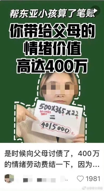 这是一张在社交平台传播的搞笑梗图，顶部绿色背景搭配醒目大字“帮东亚小孩算了笔账 你带给父母的情绪价值高达400万”；中间是一位脸部被打码的真人，手持写有夸张计算公式的白纸，公式为“500×365×22=4015000元”，旁边小字标注“每分钟的情绪价值500”；下方是发布者的配文“是时候向父母讨债了，400万的情绪劳动费结一下，因为...”，底部显示该动态获得1981个点赞。图中通过反向计算“情绪价值”的夸张方式，玩梗调侃东亚家庭中子女与父母间的情绪关联，以索要“情绪劳动费”的形式解构传统亲子付出的认知，制造荒诞笑点引发网友共鸣。