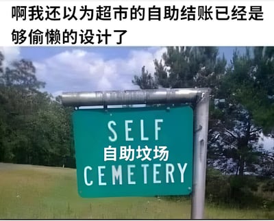 图片上方配有文字'啊我还以为超市的自助结账已经是够偷懒的设计了'，下方是一块绿色路牌，路牌上英文为'SELF CEMETERY'，中间叠加中文'自助坟场'。通过将'自助结账'的概念夸张延伸到'自助坟场'，形成幽默讽刺效果，调侃现代社会中自助服务的极致化。