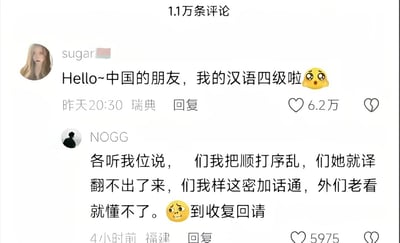 这是一张社交平台评论区截图，顶部显示共有1.1万条评论。第一条是定位在瑞典的用户sugar发布的评论，内容为“Hello~中国的朋友，我的汉语四级啦”并搭配惊讶表情，该评论发布于昨天20:30，获赞6.2万。第二条是定位在福建的用户NOGG的回复，故意将所有句子的语序完全打乱，内容为“各听我位说， 们我把顺打序乱，们她就译翻不出了来，们我样这密加话通，外们老看就懂不了。到收复回请”，搭配搞怪表情，该回复发布于4小时前，获赞5975。该内容利用了中文母语者可以轻松读懂语序混乱的句子、但汉语学习者很难理解的特点制造笑点，属于趣味网络调侃。