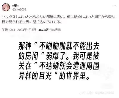 这张梗图来源于一则日语推文配上中文翻译，段子类对比图，调侃了关于‘不啪啪啪不能出门的房间’（即性梗密室）与现实社会‘不结婚就会受到周围异样目光’的压力相比反而显得微不足道。强调社会对个人婚姻选择的强烈干涉，语气夸张，带有自嘲和对现实的讽刺味道。

双关/暗示说明：
- 日语部分和中文部分都含有性暗示（啪啪啪、结婚和性行为被社会相关联）。
- 对比的戏剧化放大了两种“被困境”的荒谬。