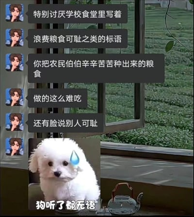 这是一张结合了社交平台聊天记录与表情包的搞笑梗图，左侧为一名头像是二次元男性的用户发布的多条连续发言，内容为吐槽反感学校食堂张贴“浪费粮食可耻”类的标语，认为食堂将农民辛苦种植的粮食制作得口味极差，本身对不起食材，反而还有立场指责就餐的人浪费，聊天内容下方搭配了额头带有汗珠、表情无奈的白色小狗表情包，配文“狗听了都无语”，用来表达对食堂这种矛盾行为的强烈无语与共鸣，图片背景为带有绿植的窗边、摆放有茶壶的室内场景。