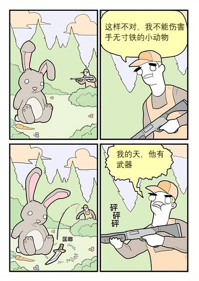 四格漫画描绘了森林中的戏剧性反转：猎人举枪瞄准兔子时良心发现，自语"这样不对，我不能伤害手无寸铁的小动物"；下一秒却惊恐地发现兔子悄悄掏出了刀，惊呼"我的天，他有武器"，最终猎人逃跑并伴随"砰砰砰"的枪声效果。漫画通过动物与人类角色的立场反转制造黑色幽默。