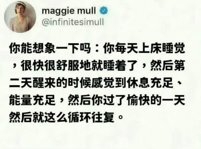 这是一张社交媒体截图，显示了用户maggie mull（@infinitesimull，带有验证徽章）的帖子。内容用中文描述了一种理想的日常循环：每天上床后能快速舒适地入睡，第二天醒来感觉休息充足、能量满满，度过愉快的一天，然后如此循环往复。帖子通过描绘这种多数人难以实现的理想睡眠和生活状态，营造出幽默且引人共鸣的效果。