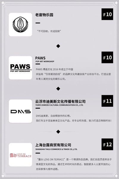 该图片为一个品牌/公司信息列表，包含四个条目，每个条目均由左侧logo、中间名称及描述文字、右侧展位号组成。从上到下依次为：1. 老废物乐园，logo为抽象图形，标语“不可回收，欢迎回家”，展位号F10；2. PAWS POP ART WORKSHOP，logo为“PAWS”字样，介绍其2016年成立于中国，致力于年青人潮流文化娱乐，展位号F10；3. 云浮市迪美斯文化传播有限公司，logo为“DMS”字样，主打变装美体文化产品，展位号F11；4. 上海台露商贸有限公司，logo为“露台 LOVE ON TERRACE”，专注情调饰品，展位号F12。整体布局简洁，以灰白为底色，信息清晰。