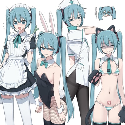 这是VOCALOID角色初音未来的同人趣味插画，展示了四个不同造型的初音，每个都带着窘迫、无奈的神情：
1. 女仆装初音：手持葱，脸红慌张，张嘴露出不知所措的样子
2. 兔女郎装初音：穿着黑色兔女郎服搭配渔网袜，表情尴尬冒汗
3. 护士装初音：扶着猫耳初音的头，自己也一脸疲惫无奈
4. 猫耳比基尼初音：穿着条纹比基尼，戴着猫耳猫爪，闭着眼窘迫冒汗
右上角的小初音头像配日文台词「ちゃんとしたマスターになってください…」，翻译为「请成为一个靠谱的主人吧…」，整体表现出初音对这些奇怪换装的抗拒与无奈，充满趣味。