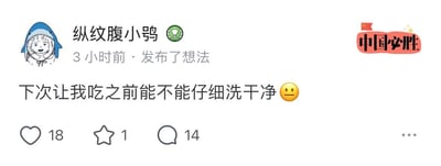 这是一张微博平台的动态截图，发布者昵称为“纵纹腹小鸮”，头像为戴着鲨鱼头套的卡通人物，账号带有奖杯标识。该动态发布于3小时前，内容为“下次让我吃之前能不能仔细洗干净😐”，搭配一个面无表情的无奈表情，表达了对食物未清洗干净的不满。动态右上角带有“中国必胜”的装饰贴纸，目前该动态获得了18个点赞、1个收藏以及14条评论。内容无谐音梗、双关或暗示，仅为日常饮食相关的小抱怨。