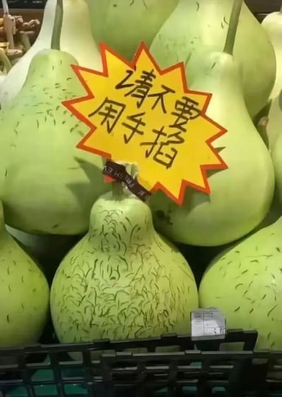 超市水果区的实拍图，一堆绿色甜瓜堆叠在一起，每个瓜表面都布满了密集的手指划痕。最上方放着一个黄色爆炸形警示牌，上面用黑色马克笔写着“请不要用手指”的提示语。画面充满反差萌——越是提醒不要触碰，水果表面的划痕反而越明显，形成一种幽默的讽刺效果。