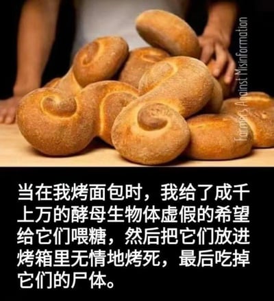 这张图是上下结构的图文梗图，上半部分是造型类似人体臀部的烤面包，背景有模糊的人物在桌边；下半部分是一段黑色幽默的配文，以拟人的角度调侃烤面包的过程：给酵母喂糖让它们获得“生存希望”，随后将其放进烤箱烤死，最后吃掉面包（戏称吃掉酵母的“尸体”）。面包的造型带来视觉错位的荒诞感，配文用夸张的拟人手法赋予日常烘焙行为戏剧化的“残忍”感，制造出搞笑的反差效果。