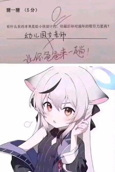 这是一张上下拼接的网络梗图，上方是模拟试卷答题的内容：出了一道5分的题目，提问「有什么东西本来是给小孩设计的，但最后却对成年的吸引力更高？」，答题者写下答案「幼儿园女老师」，被老师打叉，并且批注「让你爸爸来一趟！」，暗指这个答案是带有成人向的整活回答；下方拼接了游戏《碧蓝档案》中的兽耳角色浅黄睦月的插画，角色歪头单手扶脸，露出疑惑的表情，整体结合形成了趣味玩梗的效果，这个答案实际符合不少成年男性的心理，属于暗搓搓的成人整活梗。